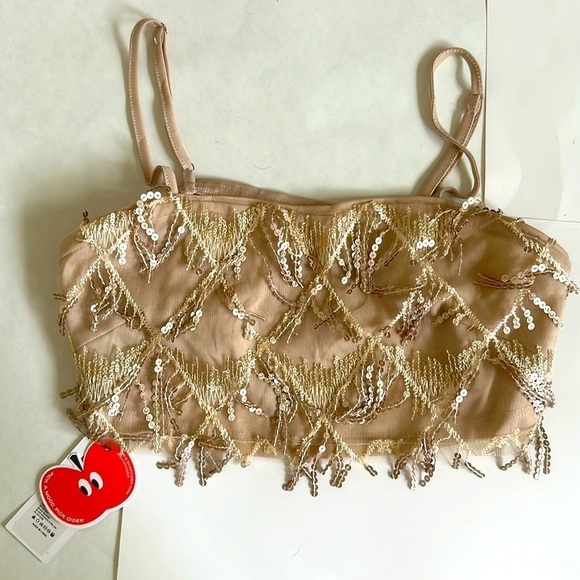 Cider Gold Beaded Sequin Fringe Tassel Crop Bra Top small NWT - Picture 1 of 8